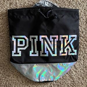Victoria’s Secret PINK drawstring backpack unused NEW black & silver metallic